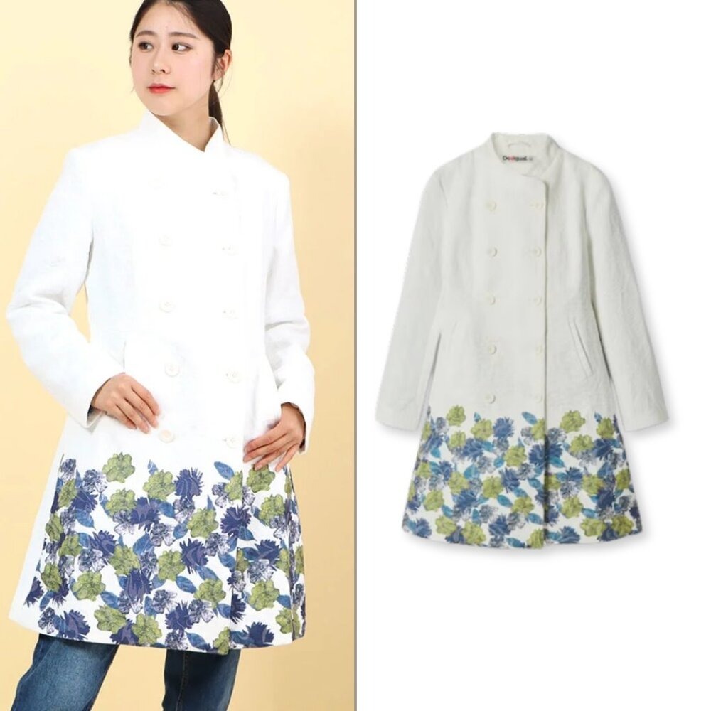 DESIGUAL Size 38‎ US 4 White Floral Embossed Overcoat Spring Coat Long Jacket